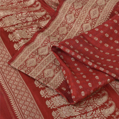 Sanskriti Vintage Red Sarees Pure Silk Brocade/Banarasi Woven Sari Craft Fabric