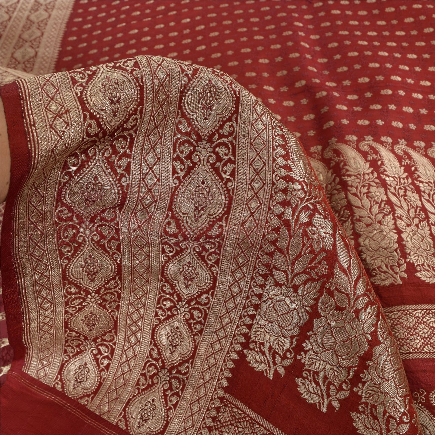 Sanskriti Vintage Red Sarees Pure Silk Brocade/Banarasi Woven Sari Craft Fabric