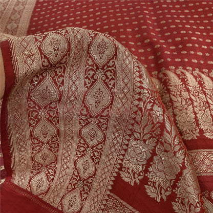 Sanskriti Vintage Red Sarees Pure Silk Brocade/Banarasi Woven Sari Craft Fabric