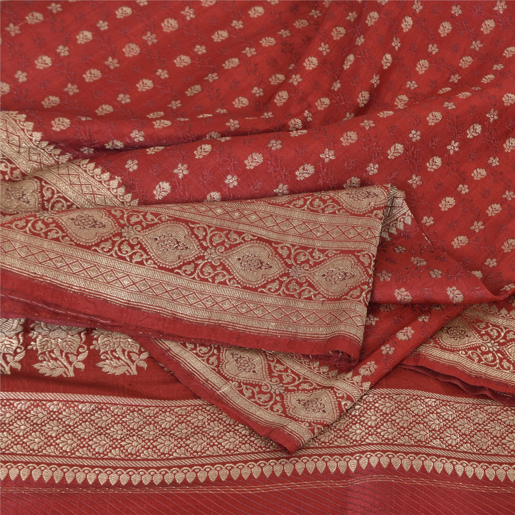 Sanskriti Vintage Red Sarees Pure Silk Brocade/Banarasi Woven Sari Craft Fabric