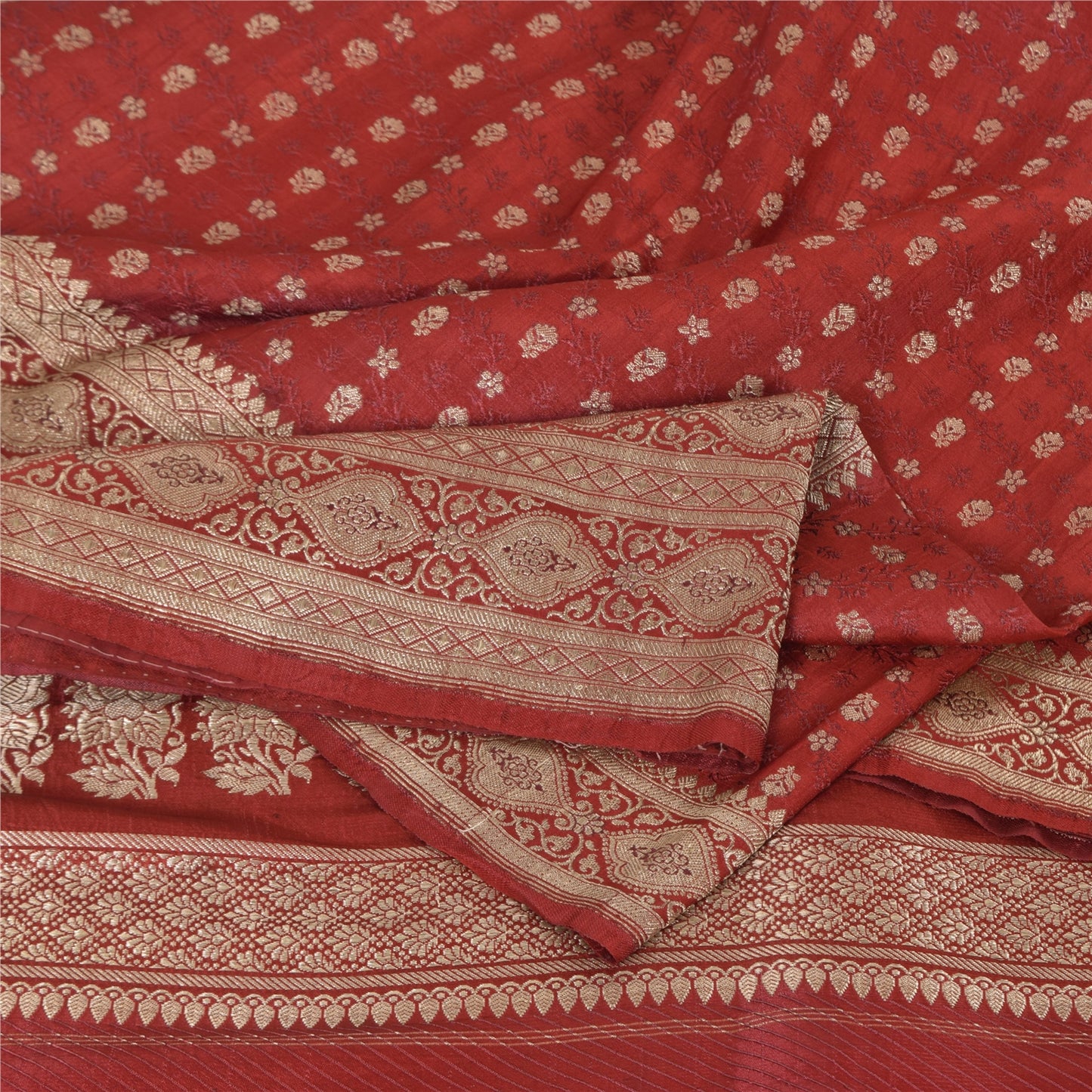 Sanskriti Vintage Red Sarees Pure Silk Brocade/Banarasi Woven Sari Craft Fabric