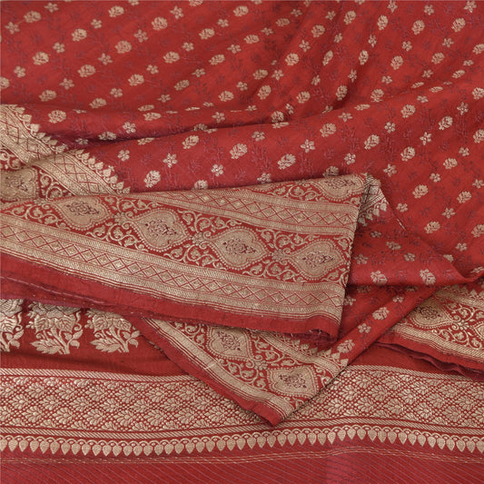 Sanskriti Vintage Red Sarees Pure Silk Brocade/Banarasi Woven Sari Craft Fabric
