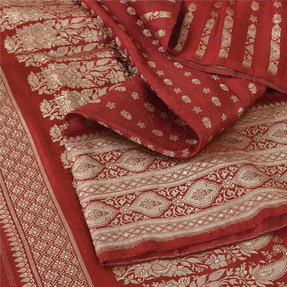 Sanskriti Vintage Red Sarees Pure Silk Brocade/Banarasi Woven Sari Craft Fabric