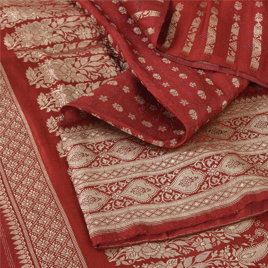 Sanskriti Vintage Red Sarees Pure Silk Brocade/Banarasi Woven Sari Craft Fabric