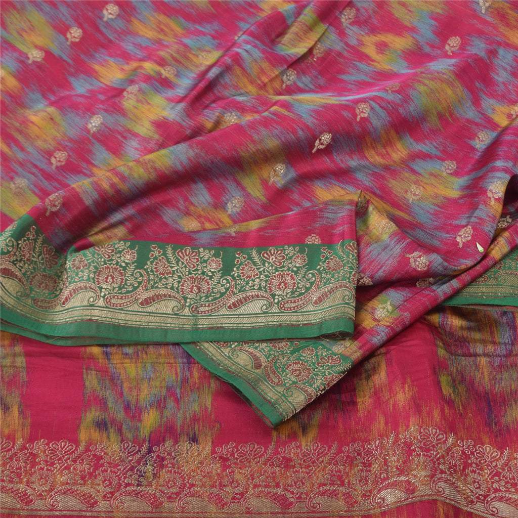 Sanskriti Vintage Red Sarees Pure Satin Silk Banarasi Brocade Craft Fabric Sari