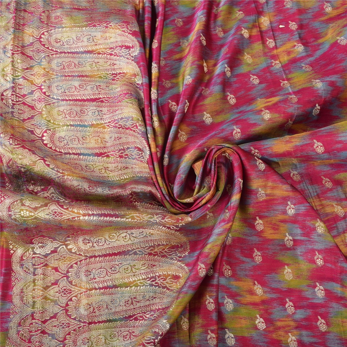 Sanskriti Vintage Red Sarees Pure Satin Silk Banarasi Brocade Craft Fabric Sari