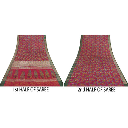 Sanskriti Vintage Red Sarees Pure Satin Silk Banarasi Brocade Craft Fabric Sari