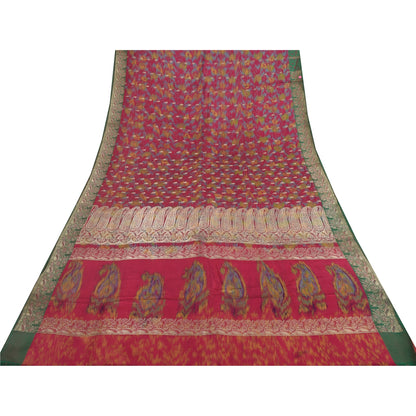 Sanskriti Vintage Red Sarees Pure Satin Silk Banarasi Brocade Craft Fabric Sari