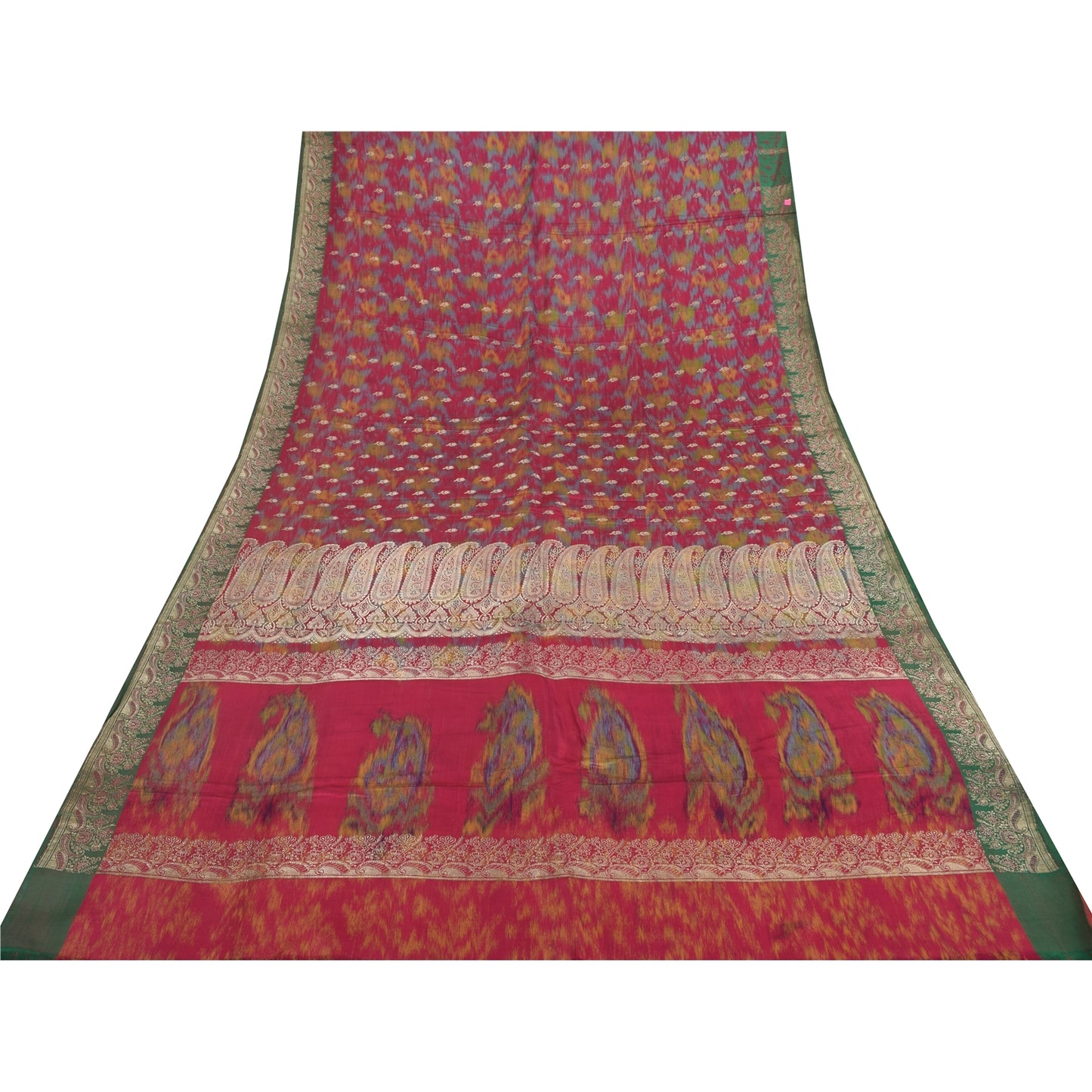 Sanskriti Vintage Red Sarees Pure Satin Silk Banarasi Brocade Craft Fabric Sari