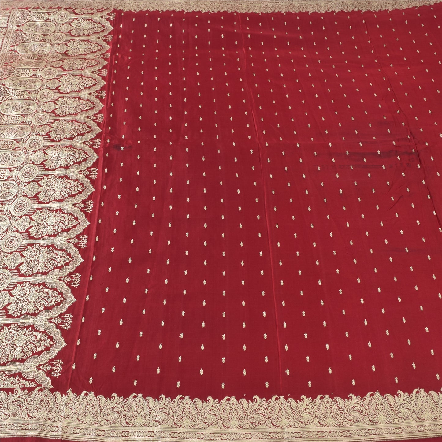 Sanskriti Vintage Red Sarees Pure Satin Silk Woven Banarasi Brocade Fabric Sari