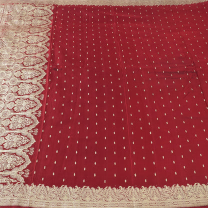 Sanskriti Vintage Red Sarees Pure Satin Silk Woven Banarasi Brocade Fabric Sari