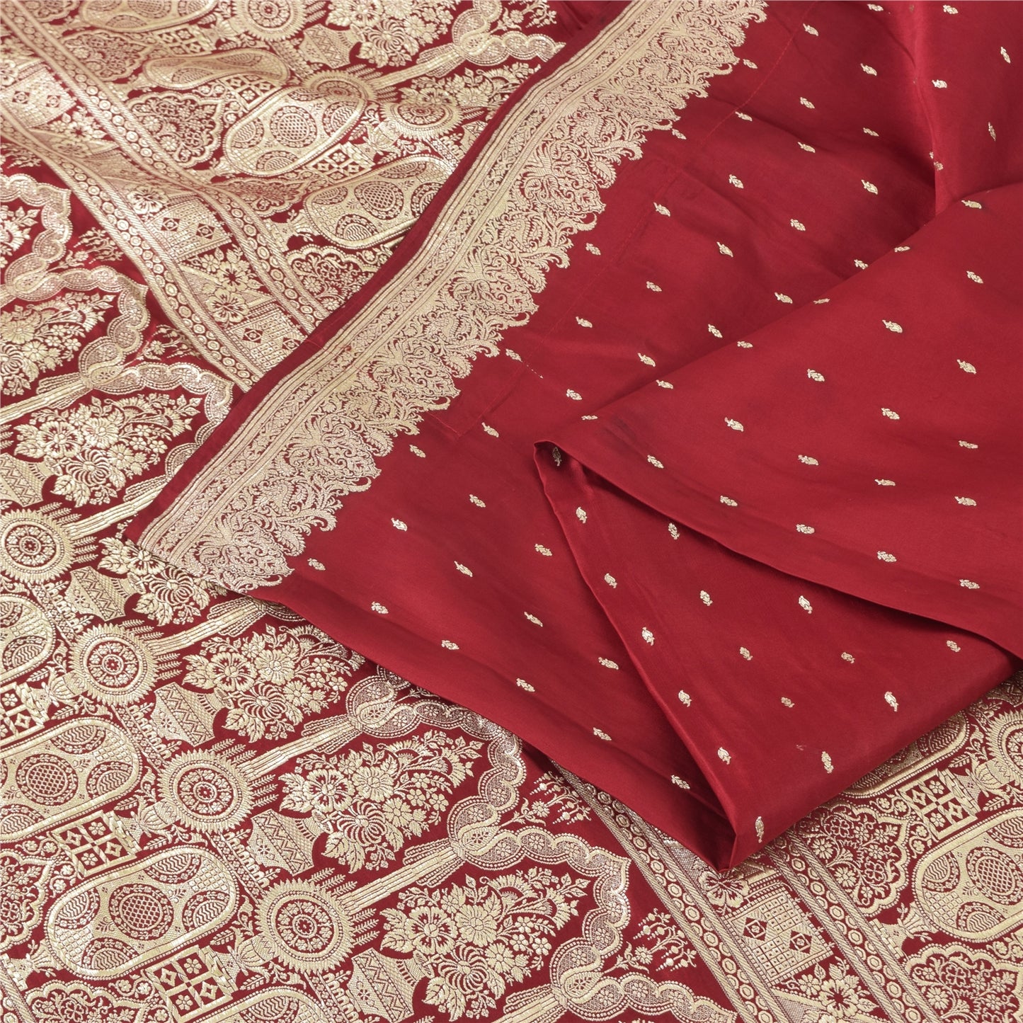 Sanskriti Vintage Red Sarees Pure Satin Silk Woven Banarasi Brocade Fabric Sari