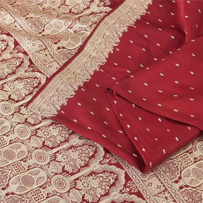 Sanskriti Vintage Red Sarees Pure Satin Silk Woven Banarasi Brocade Fabric Sari