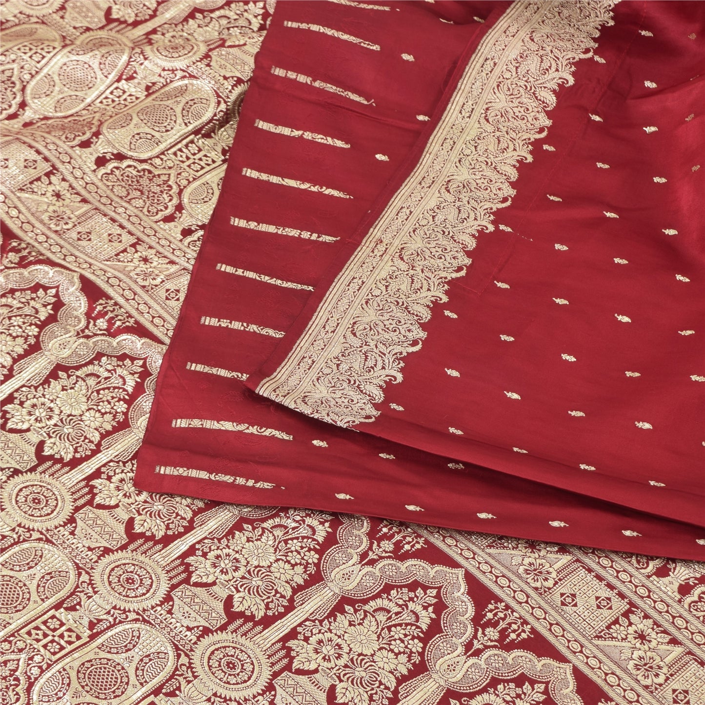 Sanskriti Vintage Red Sarees Pure Satin Silk Woven Banarasi Brocade Fabric Sari