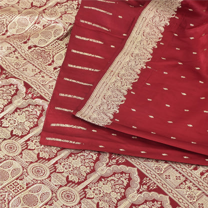 Sanskriti Vintage Red Sarees Pure Satin Silk Woven Banarasi Brocade Fabric Sari