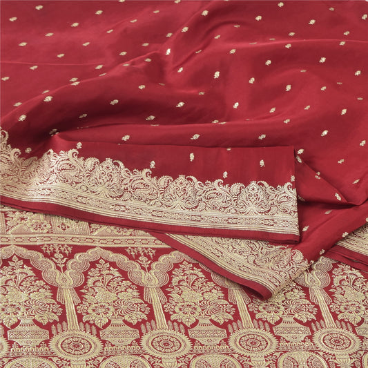 Sanskriti Vintage Red Sarees Pure Satin Silk Woven Banarasi Brocade Fabric Sari