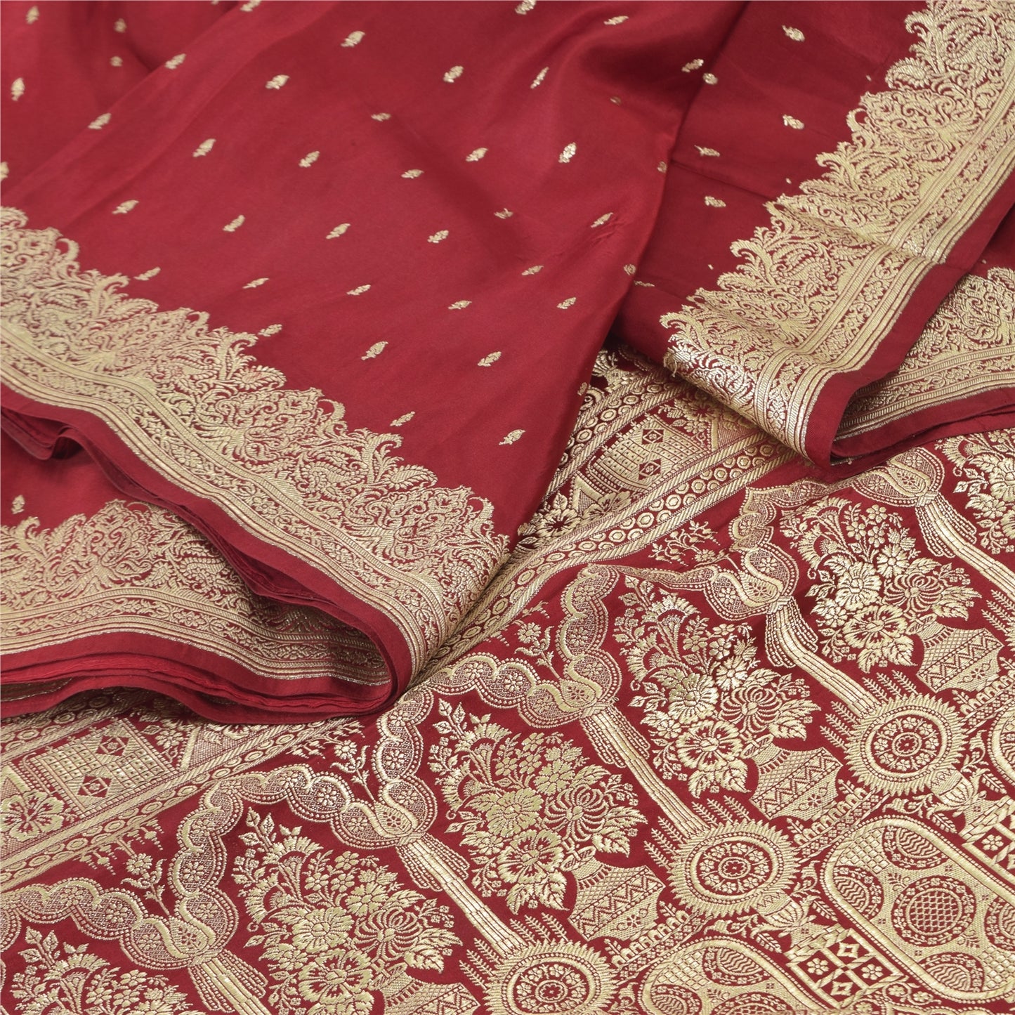 Sanskriti Vintage Red Sarees Pure Satin Silk Woven Banarasi Brocade Fabric Sari