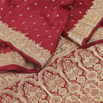 Sanskriti Vintage Red Sarees Pure Satin Silk Woven Banarasi Brocade Fabric Sari
