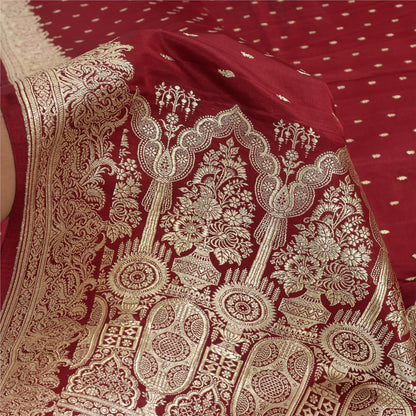 Sanskriti Vintage Red Sarees Pure Satin Silk Woven Banarasi Brocade Fabric Sari