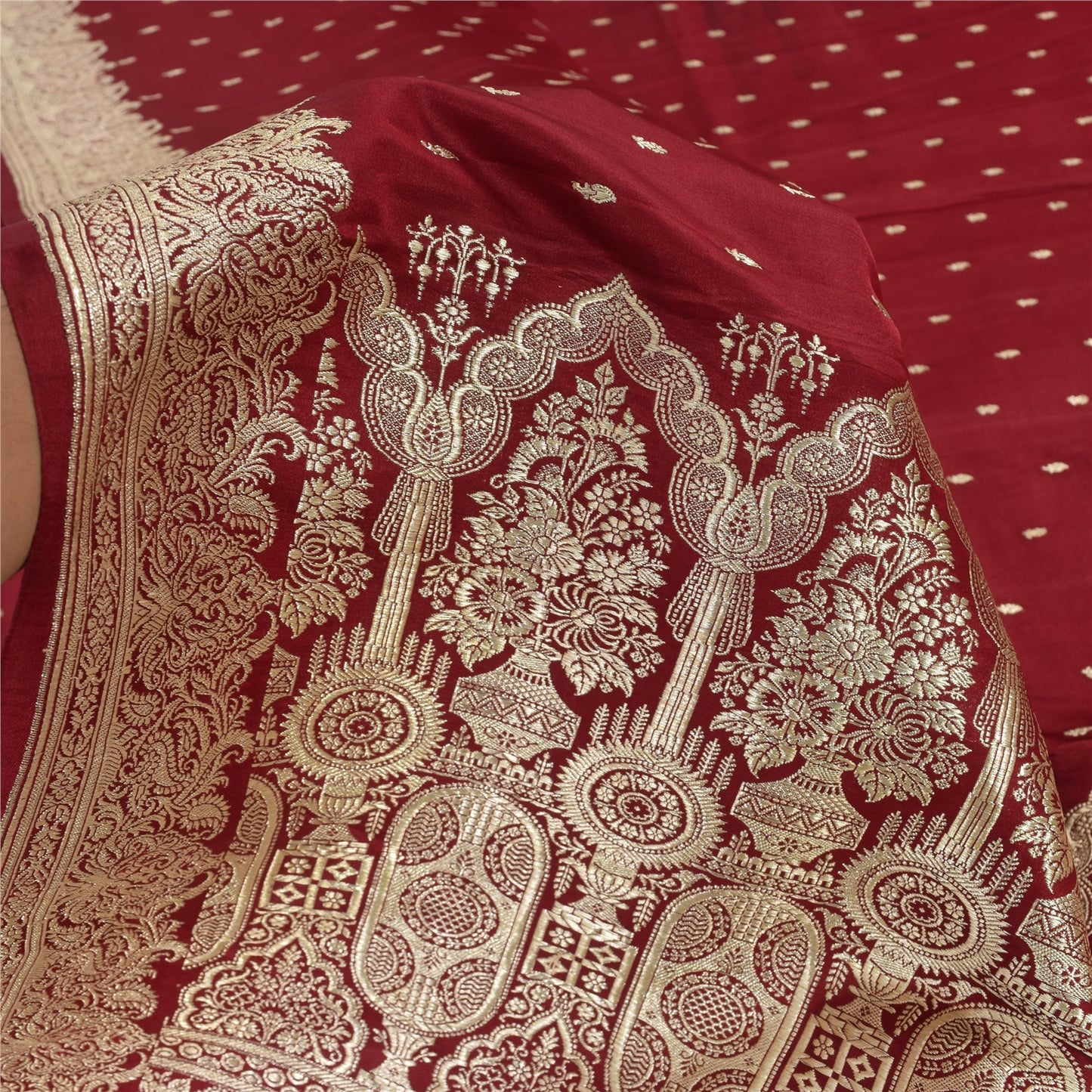 Sanskriti Vintage Red Sarees Pure Satin Silk Woven Banarasi Brocade Fabric Sari