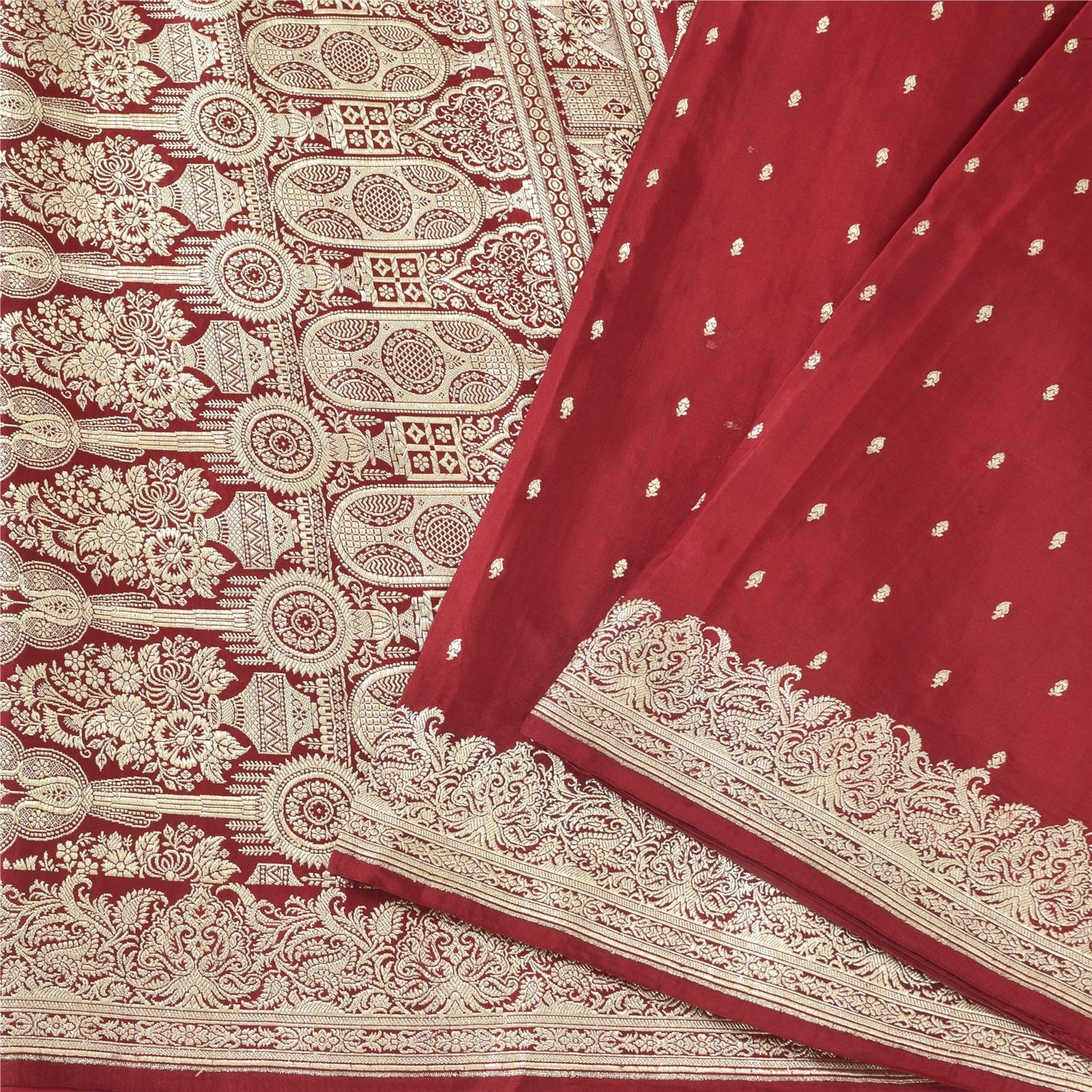 Sanskriti Vintage Red Sarees Pure Satin Silk Woven Banarasi Brocade Fabric Sari