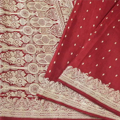 Sanskriti Vintage Red Sarees Pure Satin Silk Woven Banarasi Brocade Fabric Sari