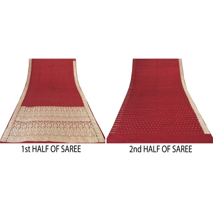 Sanskriti Vintage Red Sarees Pure Satin Silk Woven Banarasi Brocade Fabric Sari