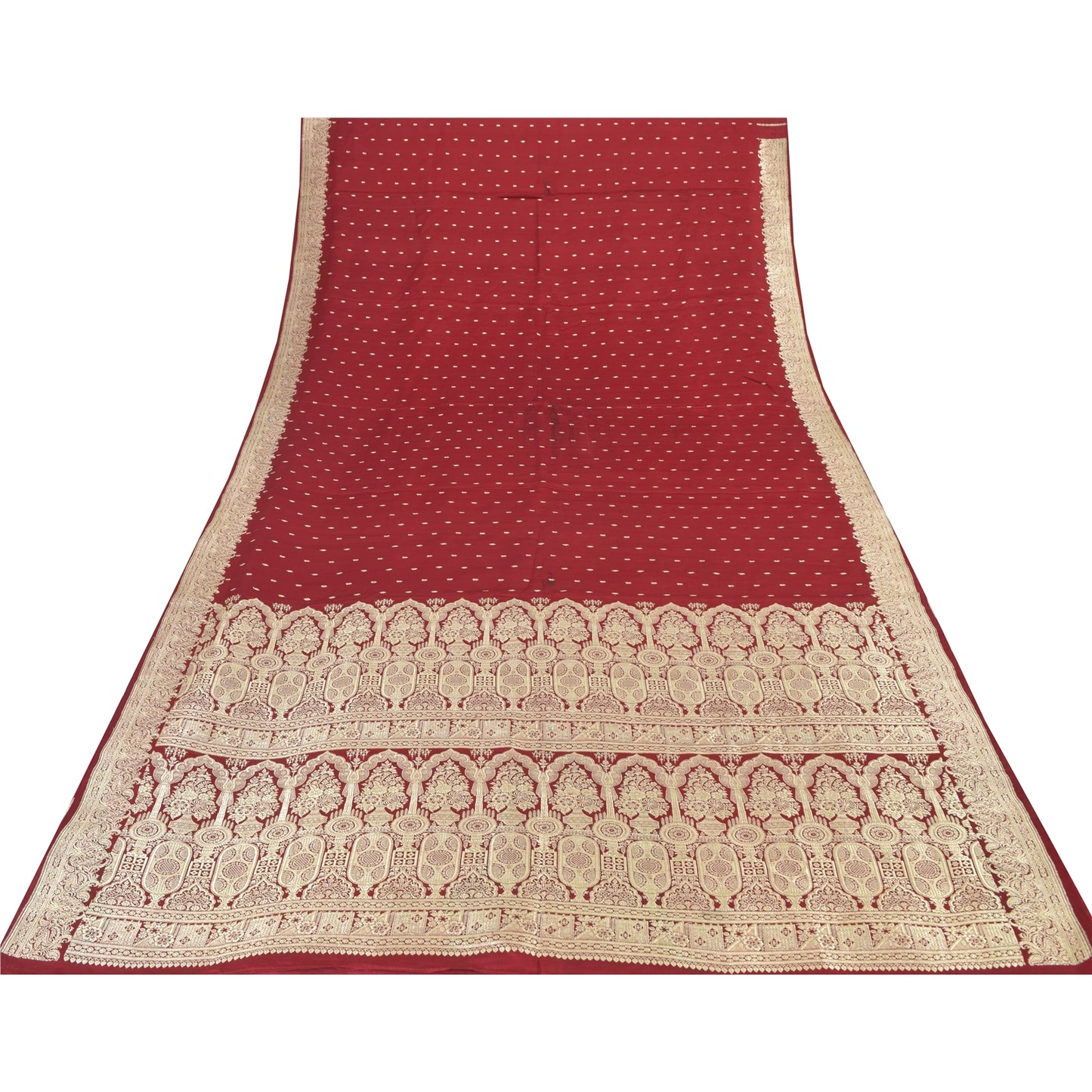 Sanskriti Vintage Red Sarees Pure Satin Silk Woven Banarasi Brocade Fabric Sari