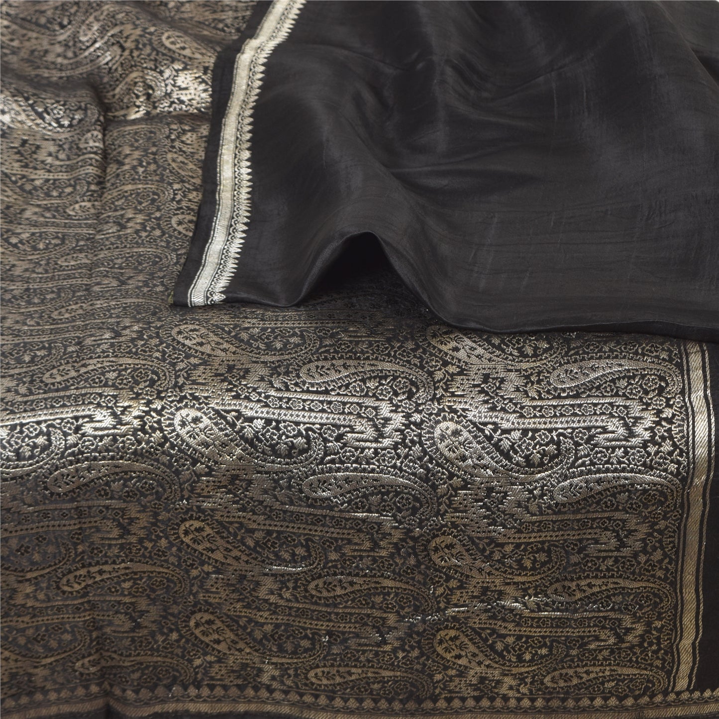 Sanskriti Vintage Black Sarees Pure Satin Silk Woven Brocade Sari Craft Fabric
