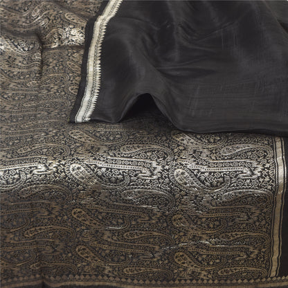 Sanskriti Vintage Black Sarees Pure Satin Silk Woven Brocade Sari Craft Fabric