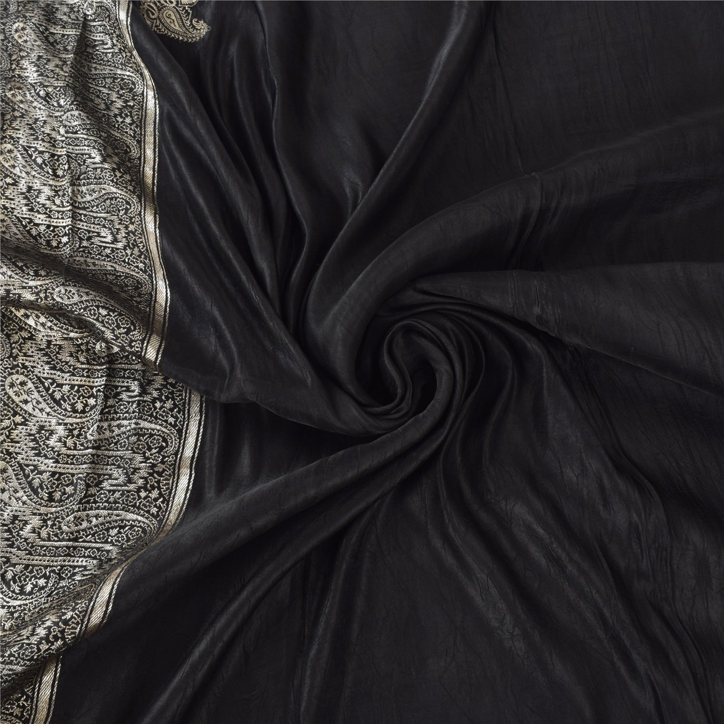 Sanskriti Vintage Black Sarees Pure Satin Silk Woven Brocade Sari Craft Fabric