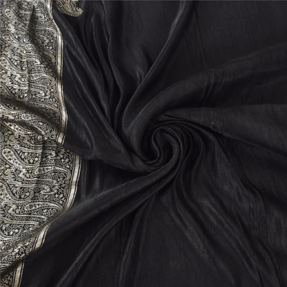 Sanskriti Vintage Black Sarees Pure Satin Silk Woven Brocade Sari Craft Fabric