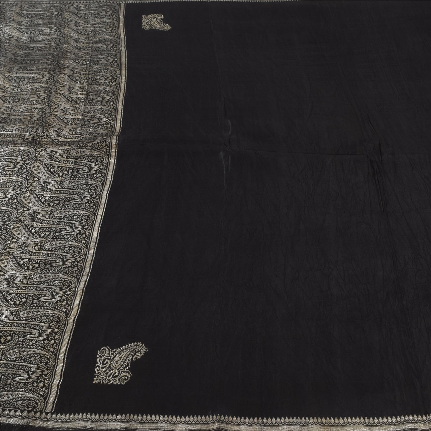 Sanskriti Vintage Black Sarees Pure Satin Silk Woven Brocade Sari Craft Fabric