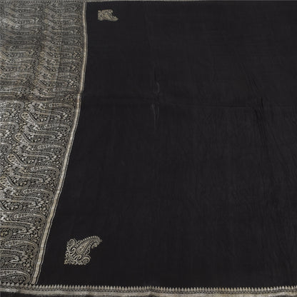 Sanskriti Vintage Black Sarees Pure Satin Silk Woven Brocade Sari Craft Fabric