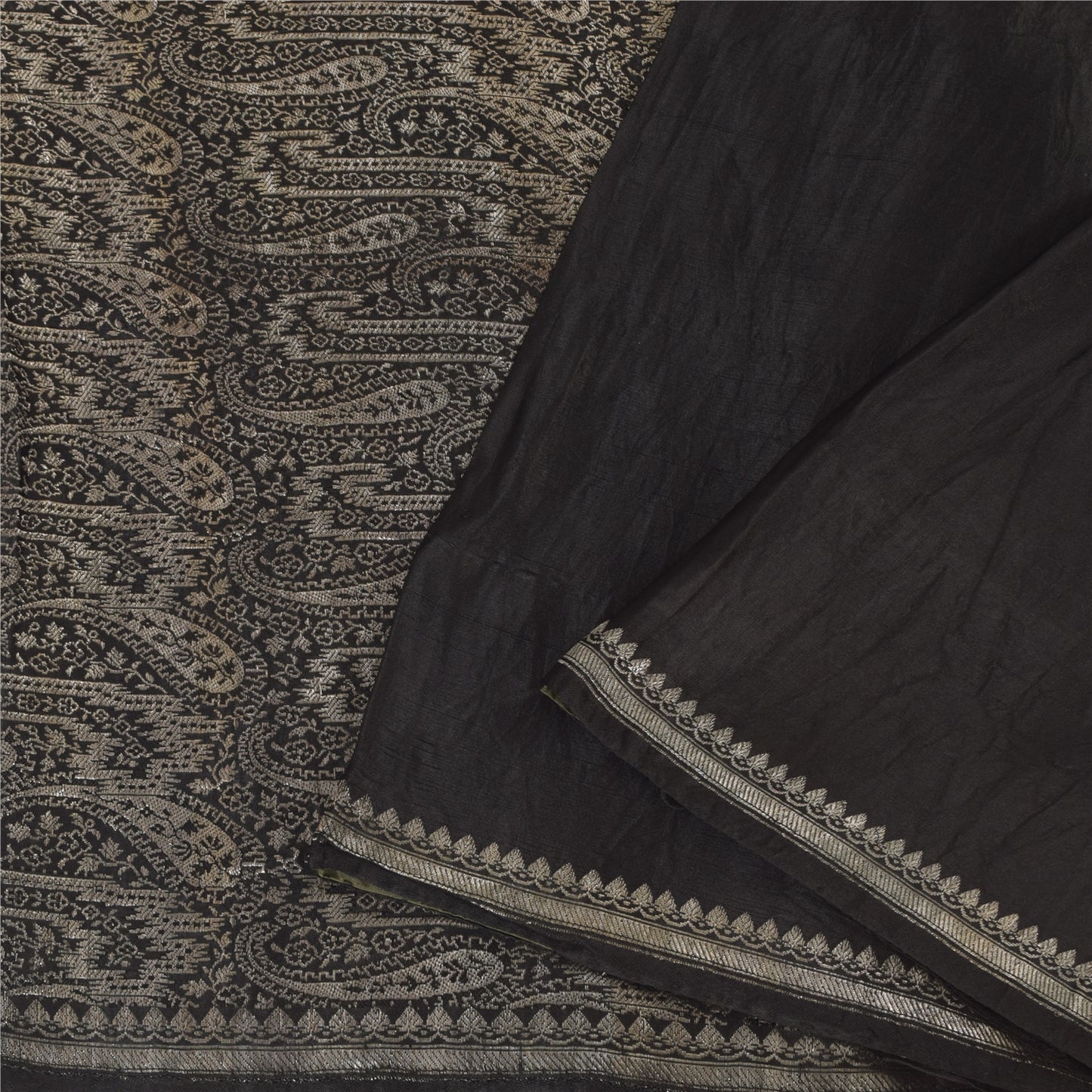 Sanskriti Vintage Black Sarees Pure Satin Silk Woven Brocade Sari Craft Fabric