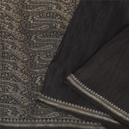 Sanskriti Vintage Black Sarees Pure Satin Silk Woven Brocade Sari Craft Fabric
