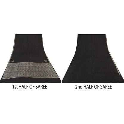 Sanskriti Vintage Black Sarees Pure Satin Silk Woven Brocade Sari Craft Fabric