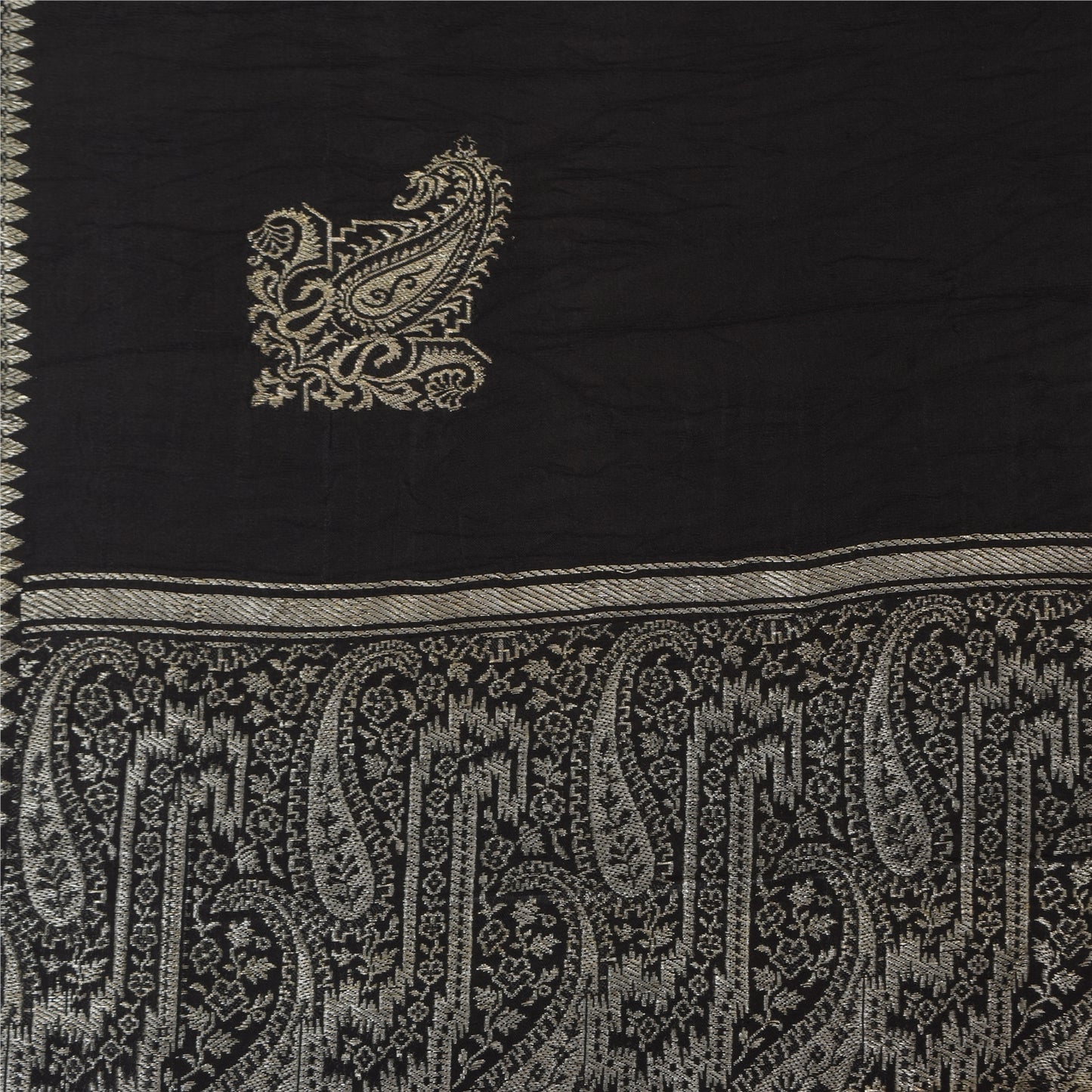 Sanskriti Vintage Black Sarees Pure Satin Silk Woven Brocade Sari Craft Fabric