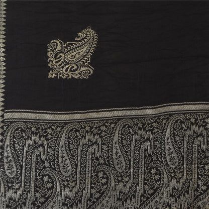 Sanskriti Vintage Black Sarees Pure Satin Silk Woven Brocade Sari Craft Fabric
