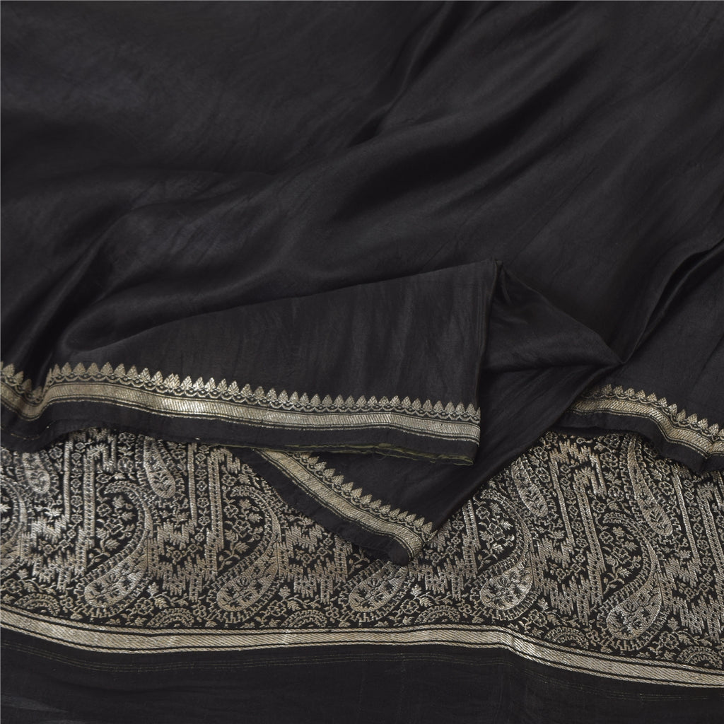 Sanskriti Vintage Black Sarees Pure Satin Silk Woven Brocade Sari Craft Fabric