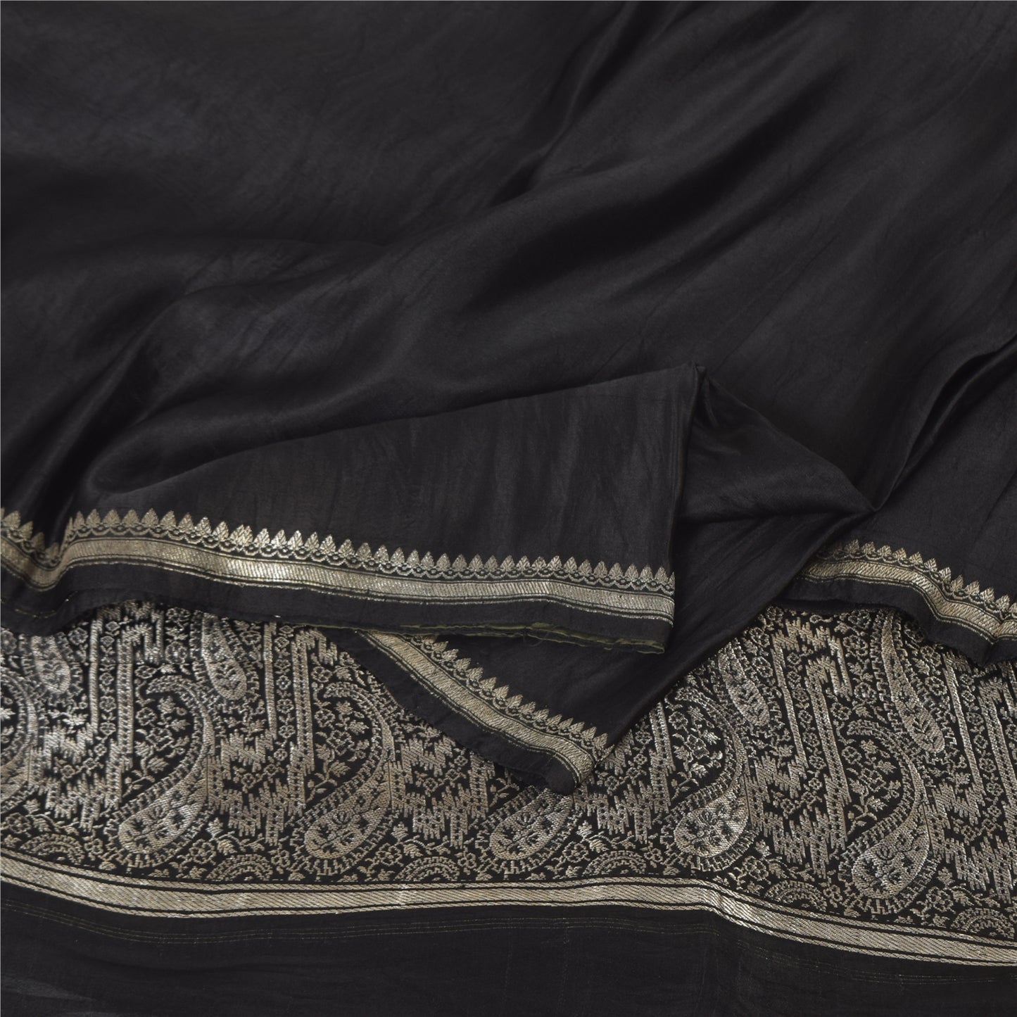 Sanskriti Vintage Black Sarees Pure Satin Silk Woven Brocade Sari Craft Fabric