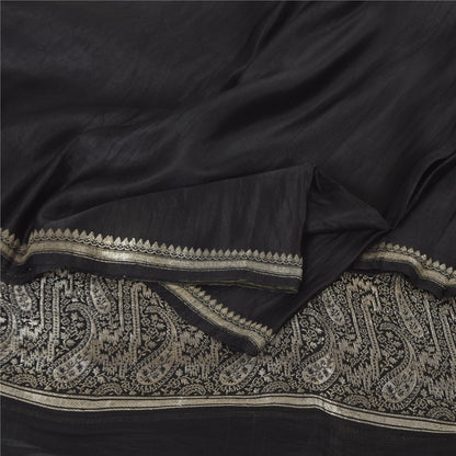 Sanskriti Vintage Black Sarees Pure Satin Silk Woven Brocade Sari Craft Fabric
