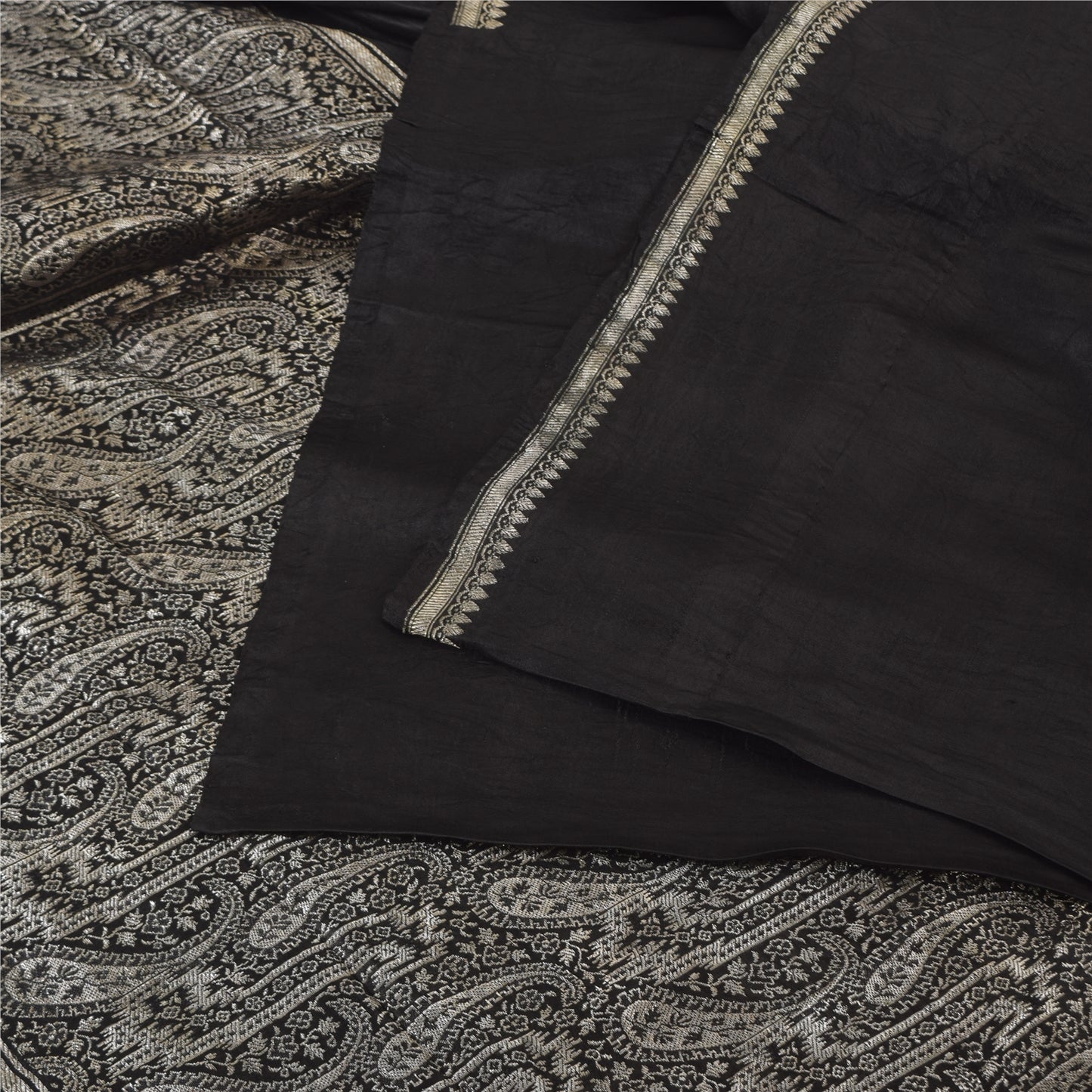 Sanskriti Vintage Black Sarees Pure Satin Silk Woven Brocade Sari Craft Fabric