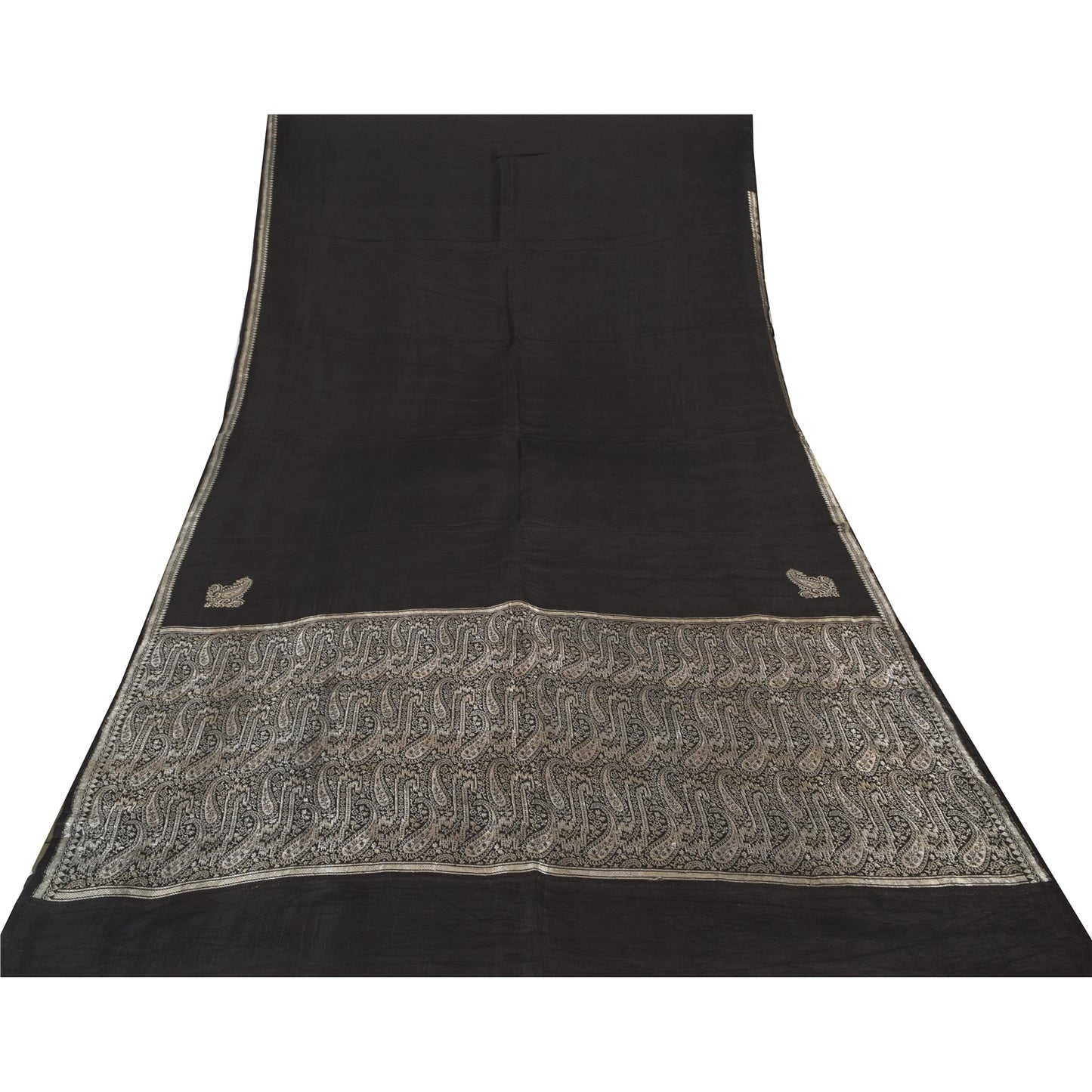 Sanskriti Vintage Black Sarees Pure Satin Silk Woven Brocade Sari Craft Fabric