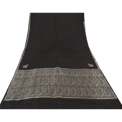 Sanskriti Vintage Black Sarees Pure Satin Silk Woven Brocade Sari Craft Fabric