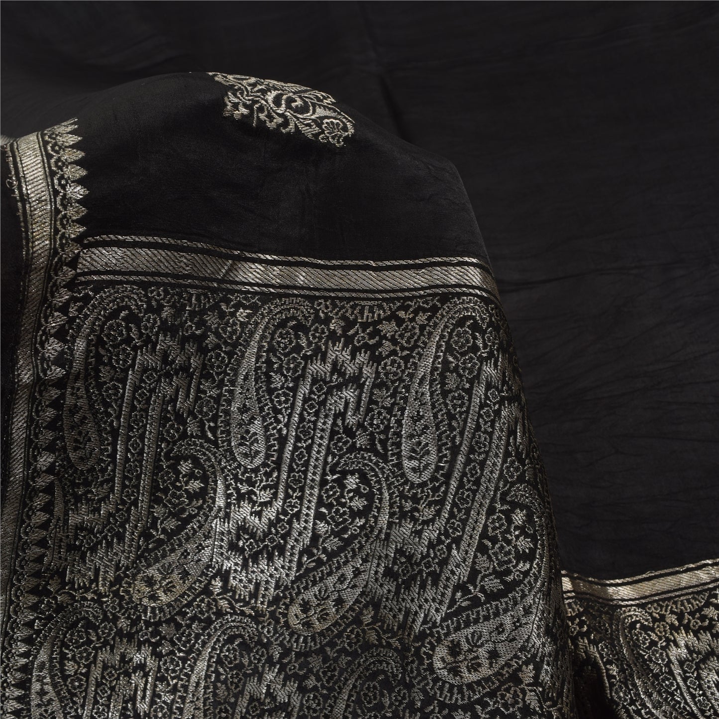 Sanskriti Vintage Black Sarees Pure Satin Silk Woven Brocade Sari Craft Fabric