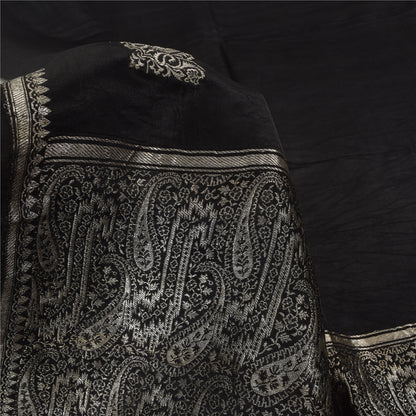 Sanskriti Vintage Black Sarees Pure Satin Silk Woven Brocade Sari Craft Fabric