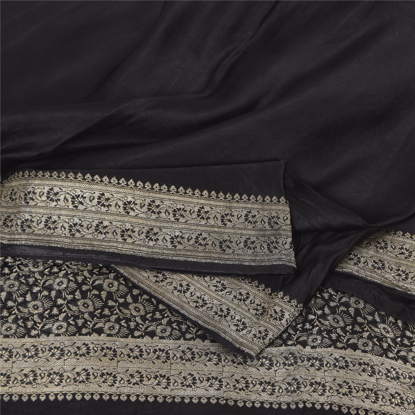 Sanskriti Vintage Black Indian Sarees Pure Silk Banarasi Woven Brocade Craft Sari
