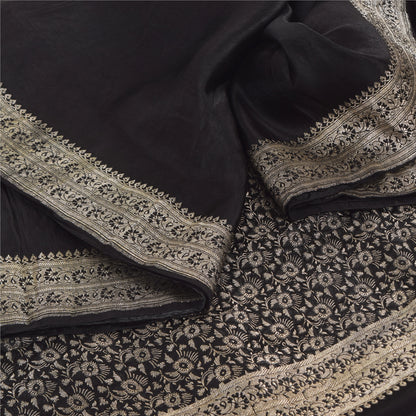 Sanskriti Vintage Black Indian Sarees Pure Silk Banarasi Woven Brocade Craft Sari