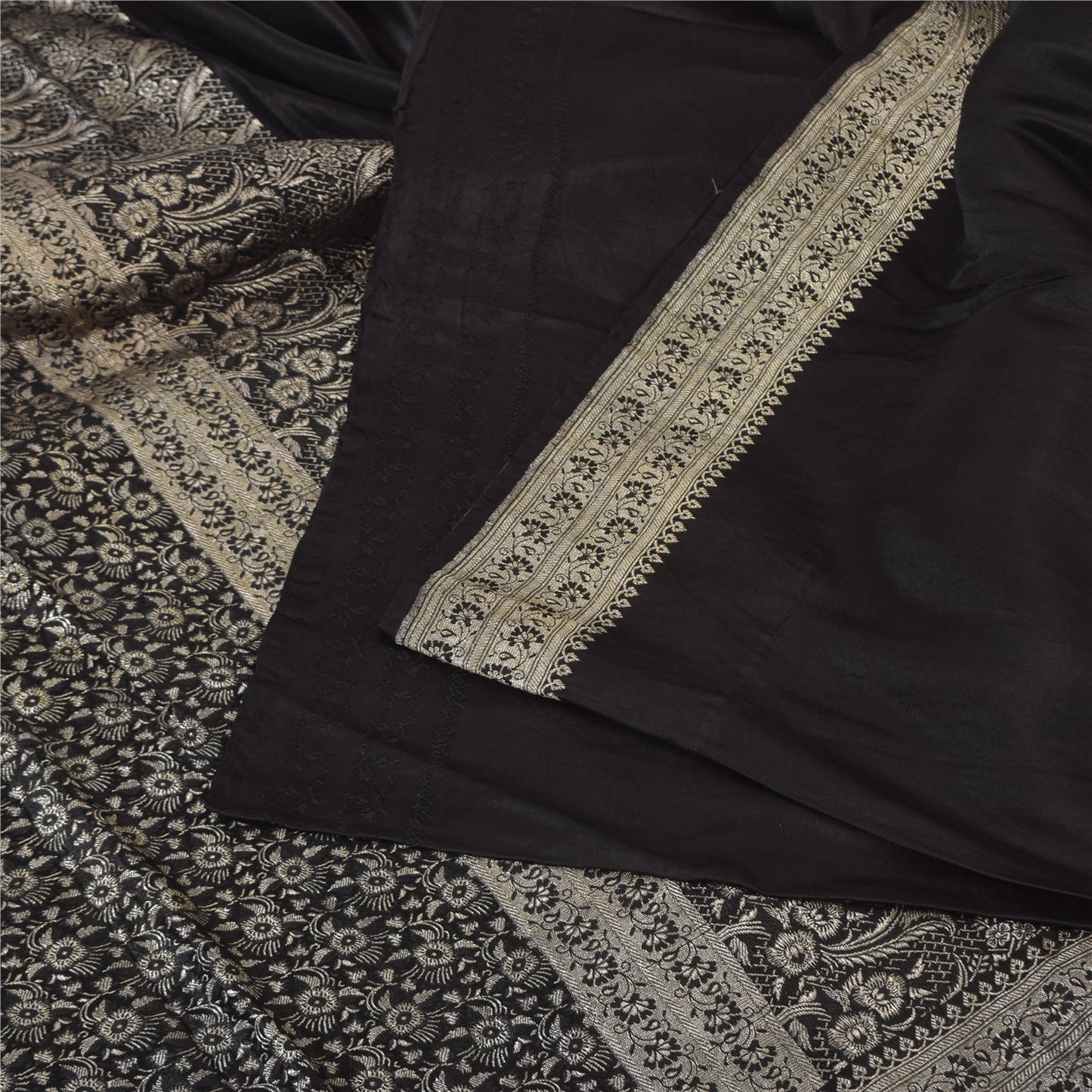 Sanskriti Vintage Black Indian Sarees Pure Silk Banarasi Woven Brocade Craft Sari